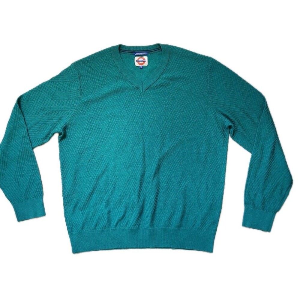 VTG Jermyn & Bond Italian Merino Blend Sweater Mens XL Green Textured V Neck EUC